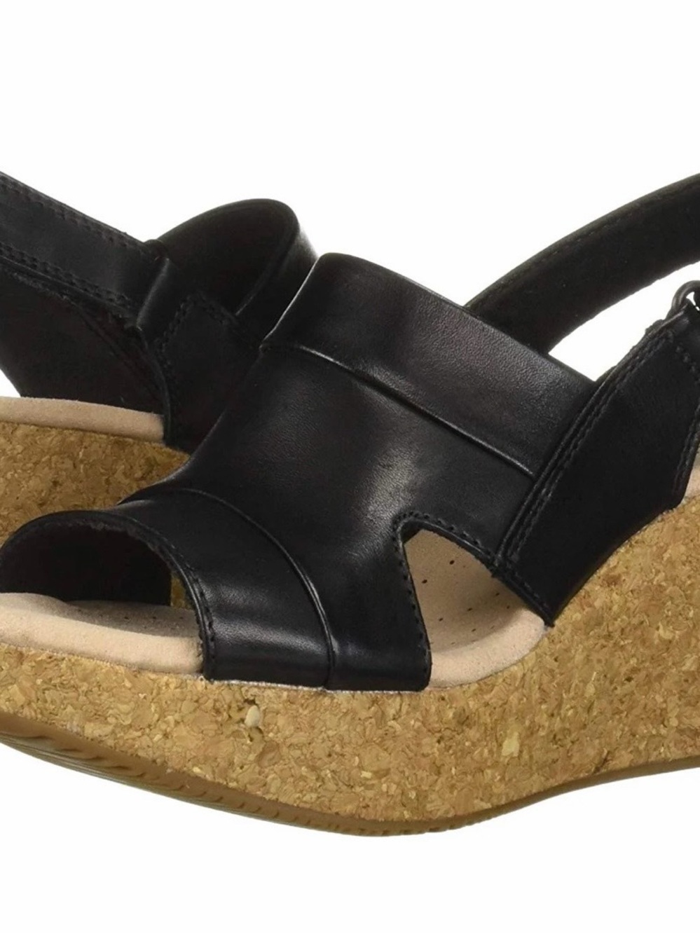 NIB Clarks Annadel Ivory Black Leather Cork Wedge Sandals Size 9.5 W $50